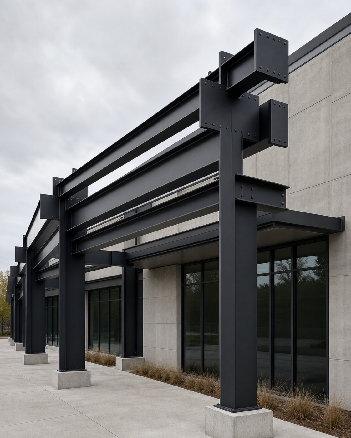 Commercial black steel structures with a durable powder-coated finish