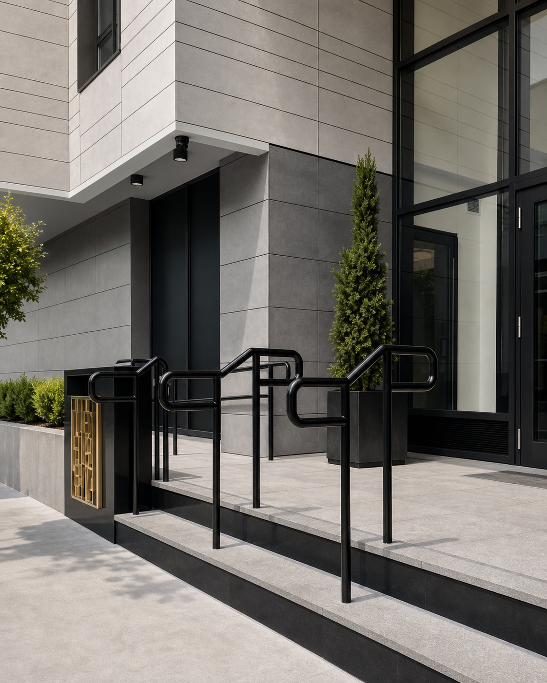 Black metal entry railing at a modern residential property