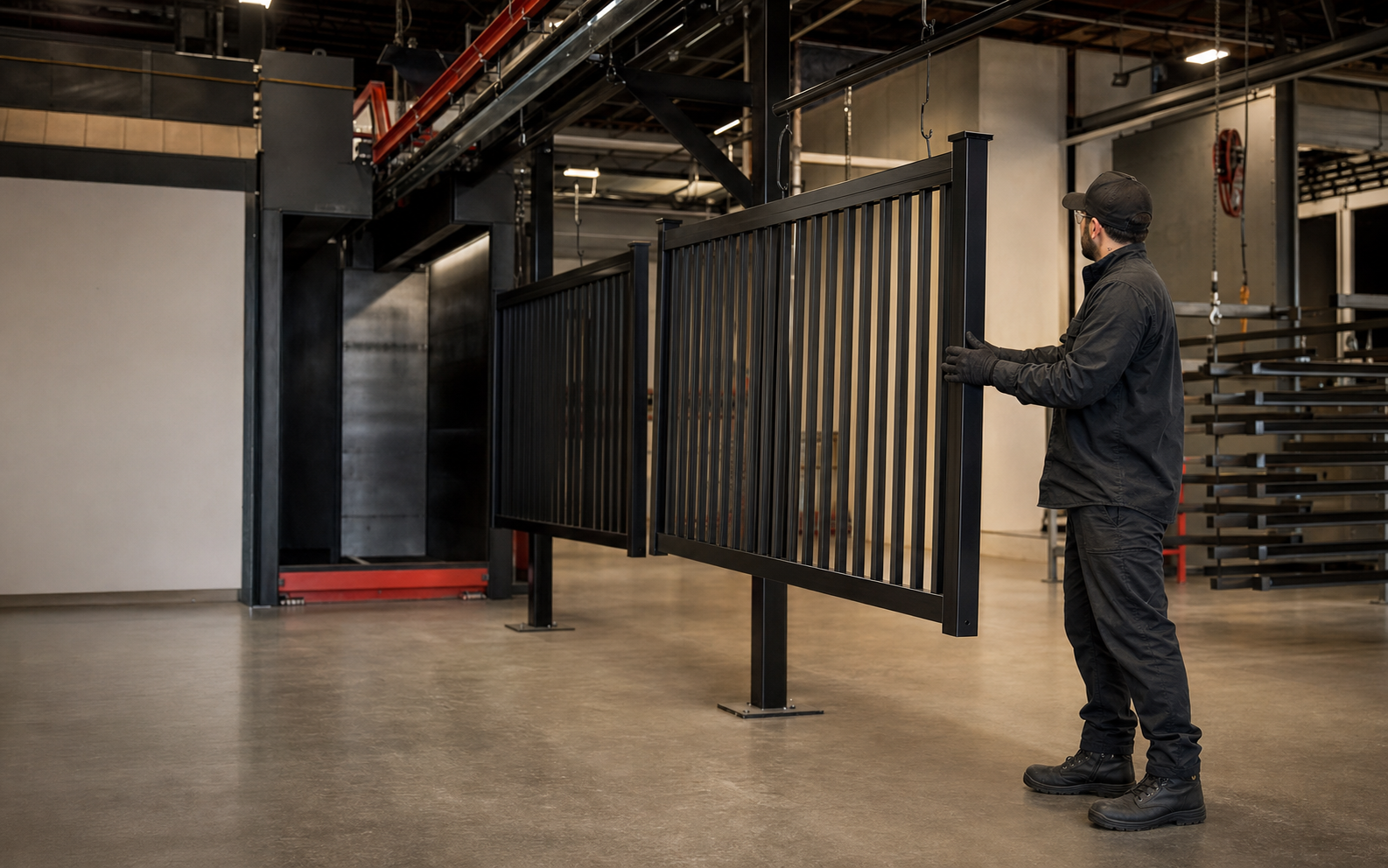Technician inspecting a finished metal railing in the powder coating facility