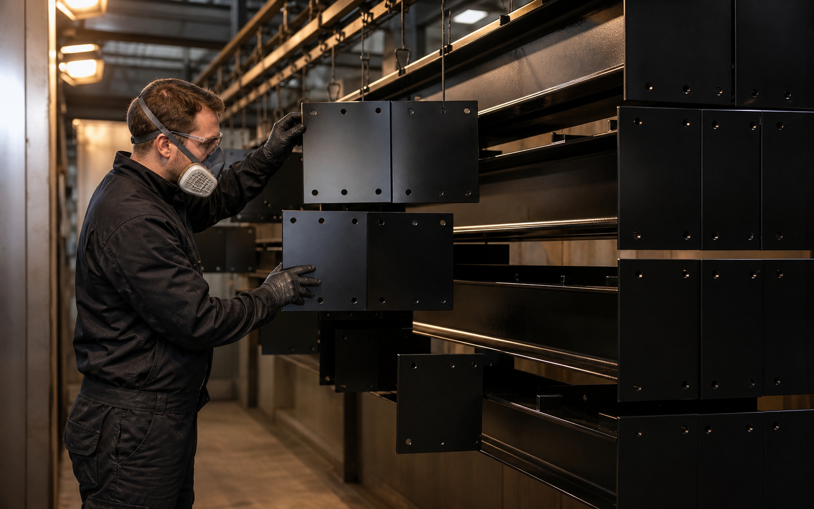 New Level technician inspecting powder-coated metal parts