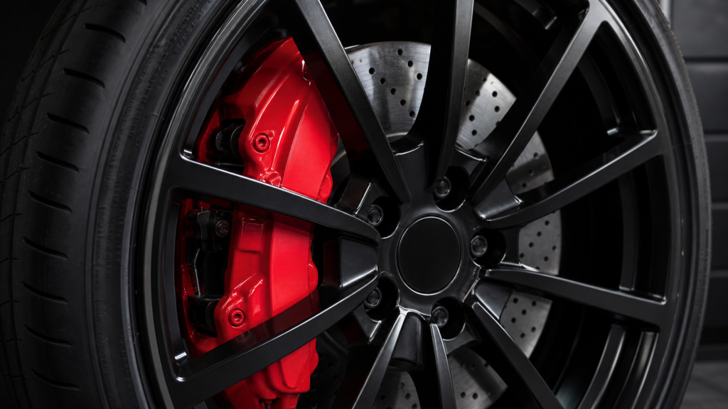 Custom powder coated automotive wheel and brake caliper